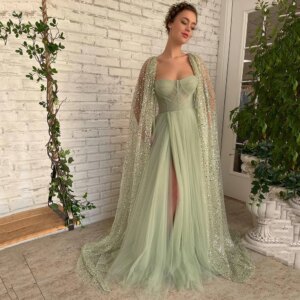 Vestidos De Fiesta Sparkling A Line Sweetheart Prom Dresses Long Cape Sleeves Formal Party Gowns 2024 Evening Gowns High Slit