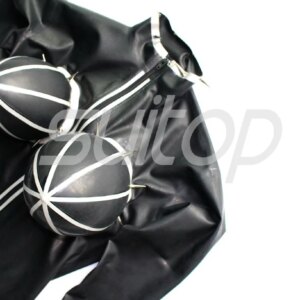 latex bodysuits wtih bust inflatable with back to crotch zip in black and silver color