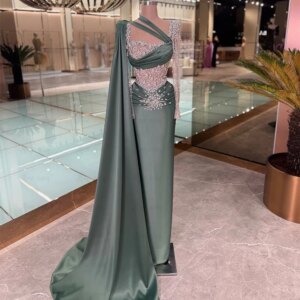 Sage Green Long Satin Evening Dress With Cape Sleeve Square Neck Elegant Vestidos De Boda Para Fiestas Customized Prom Dresses