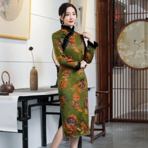 Autumn and Winter New Red Cloud Yarn Printing Improved Quilted to Keep Warm Mid-Length Retro Cheongsam Qipao Ladies Dress