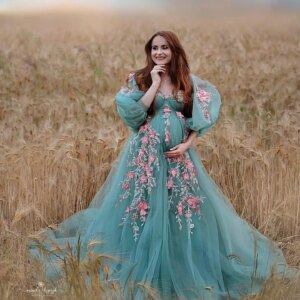 Tulle Prom Dresses Long Sleeves Floral Appliqued Baby Shower Gowns vestidos de festa Sweetheart Boho Maternity Dress