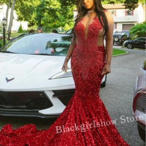 Sparkling Red Diamante Mermaid Prom Dress Exquisite Crystal Beaded Applique Bridal Gowns Formal Occasion Customisedفستان سهره