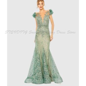Green Prom Dresses O Neck Sleeveless Alliques Flowers High Quality Floor Length Trumpet Marriage Banqueting Celebrity Gowns