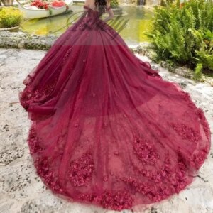 Elegant Wine Red Mexican Cap Sleeve Sequined Applique Lace Up Ball Gown Sweep Train Wedding Guest Party Sweet 15 16 Quinceanera