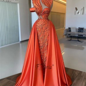 Luxury Sequined Beads Dubai Mermaid Evening Dresses Couture Orange Long Overskirt Party Prom Gown Formal Special robe de soirée