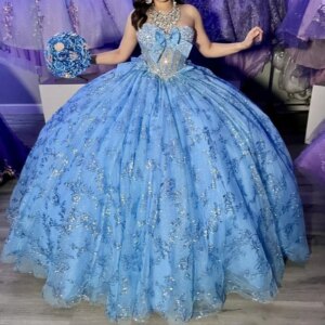 Sky Blue Off-Shoulder Shiny Ball Gown Quinceanera Dresses 2025 Sequin Applique Beading Crystal Bow Sweet 16 Dress Vestidos 15 De