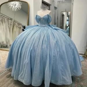 Sky Blue Off The Shoulder Ruffles Ball Gown Quinceanera Dresses Glitter Crystal Beading Customized Vestidos De XV Anos