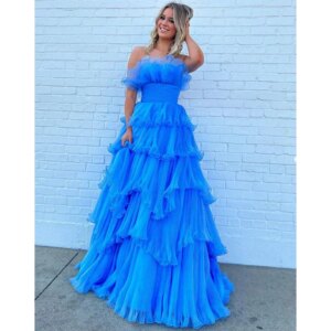 Blue Strapless Evening Dresses Tiered Ruffles vestidos de noche A Line Long Prom Dress Graduation Party Gowns Customized