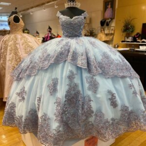 Sky Blue Ball Gown Quinceanera Dress 2025 Lace Applique Beads Tull Long Train XV Princess Vestidos De 15 Años Birthday Sweet 16