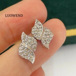 LUOWEND 100% 18K White/Yellow Gold Earrings 0.40carat Real Natural Diamond Stud Earrings Fashion Leaf Shape High Party Jewelry