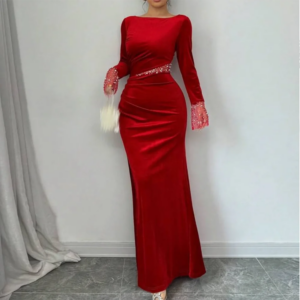 Customized Red Straight Prom Dresses Ankle-Length Scoop-Neck Full Sleeve Evening Gown Simple Draped Fashion Beading Party Gown