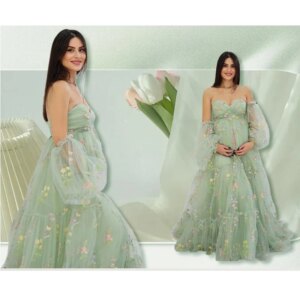 Flower Embroidery Tulle Maternity Dresses Photoshoot Ruffles Puffy Sleeve Long Robes for Baby Shower vestidos para embarazadas