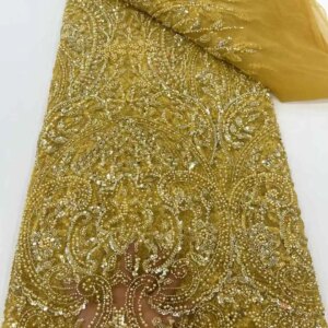 Gold African Sequin Lace Fabric 2025 High Quality Luxury French Nigerian Groom Lace Mesh Fabric Beaded Dress Wedding Party 5Y