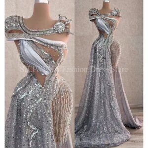 NEW Arabic Aso Ebi Sparkly Silver Luxurious Prom Dresses Beaded Crystals Evening Party Gown Second Reception Birthday Engagement