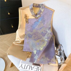 New Chinese style female blouse contrast color jacquard waistcoat small coat