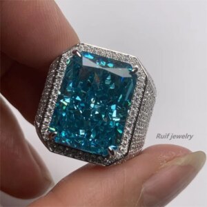 Ruif Custom 925 Silver Blue Crushed Ice Cutting Zirconia Ring with Moissanite for Men Daily Wear Hip Hop Jewelry