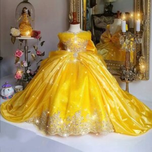 Gold Cinderella Flower Girl Dresses Bow Back Beading Princess Quinceanera Baby Girl’s Birthday Party Gowns Customized