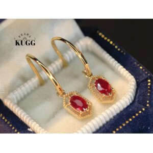 KUGG 100% 18K Yellow Gold Earrings Elegant Romantic Style Natural Ruby Hoop Earrings for Women Birthday Gift Fine Party Jewelry