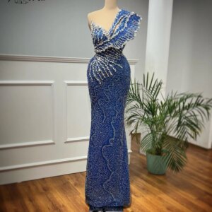 Customized Blue Beaded Mermaid Formal Evening Dress Sparkly Crystal Sequin Floor Length Elegant Special Party Gown Vestidos 2025