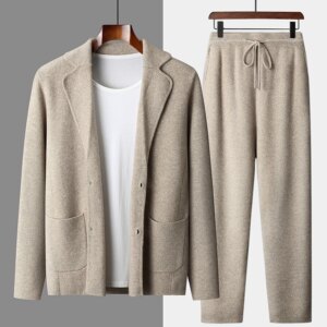 Men’ 100% Cashmere Sweater Coat Cashmere Pants Suit Autumn Winter Thick Soft Warm Cashmere Knitwear Smart Casual Cashmere Suit