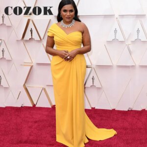 Sexy Mermaid Yellow Prom Dresses One Shoulder Satin Sleeveless Simple Pleat Formal Party Gowns Vestido De Gala Custom LF23