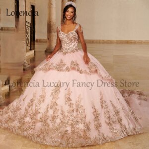 Mexican 2024 Princess Quinceanera Dress Ball Gown Shiny Lace Applique Beaded Flowers Corset Sweet 16 Formal Vestidos De 15 Años