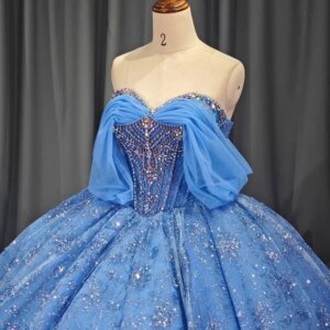 Customized Shiny dark blue Off Shoulder Quinceanera Dress crystal sequin applique Lace layering vestidos de 15 Quinceanera