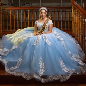 EVLAST Customized Sky Blue Quinceanera Dress Ball Gown White Lace Applique Beading Corset Sweet 16 Vestido De 15 Anos QD1171