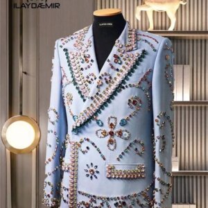 Light Blue Crystal Men Suits Pants 1 Piece Blazer Luxury Groom Wedding Tuxedo Double Breasted Coat Prom Dress Custom Made Jacket