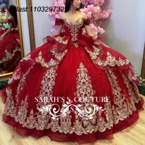 EVLAST Customized Red Quinceanera Dress Ball Gown Gold Lace Applique Beaded Tiered Mexican Sweet 16 Vestidos De 15 Años TQD864