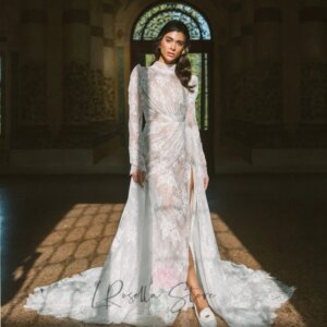 LRosella Elegant 2025 High Neckline Slit Court Train Customized A-line Full Lace Lawn Wedding Dresses Button Long Sleeves