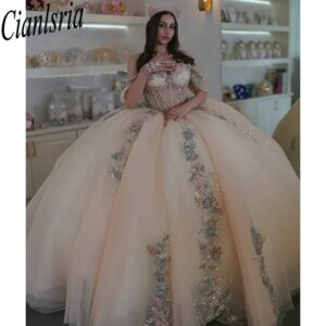 Champagne Off The Shoulder Quinceanera Dresses Ball Gown Beading Pearls Appliques Lace Sweet 15 Años Mexican Customized