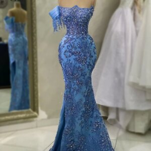 Sparkly Beadings Appliques Mermaid Blue Formal Occasion Dress Stones Tassel Slit Evening Party Gown African Woman Prom Dresses