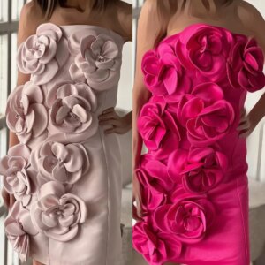 Customized Jersey Flower Pleat Ruched Celebrity A-line Strapless Bespoke Occasion Gown Knee Length Dresses