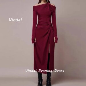 Vindal Tea length Off-the-shoulder luxurious Straight Ruffle Velour Breast Padding Elegant Long Sleeves السعود For Woman 2025