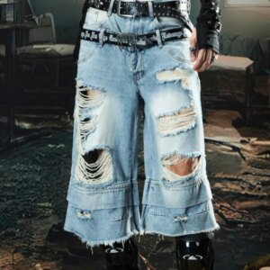 Niche Designer Design Double Waist Ripped Special Cropped Pants Washed and Worn Loose Jeans