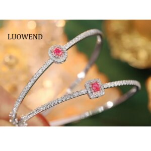 LUOWEND 100% 18K White Gold Bangle Fashion Geometric Design Real Natural Pink Diamond Bangle for Women High Party Jewelry