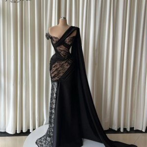 Black Mermaid Evening Dresses with Long Cape Arabic Beaded Lace Long Prom Party Gowns See Through Custom Made vestidos de festa