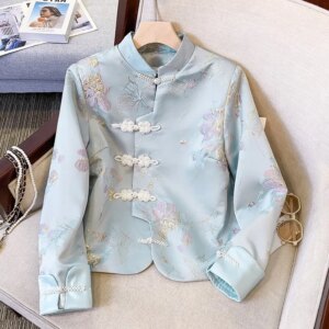 New Chinese style pink stand collar button hot gold printed coat