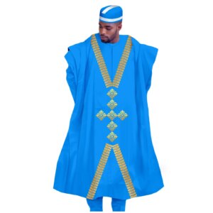 Kaftan Elegant African Men Traditional Clothing Embroidery Agbada Robe Shirts Pants & Hats 4 Pcs Set Garments for Wedding Party
