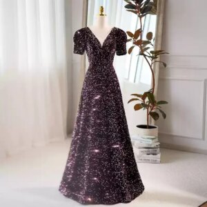 Sparkling Sequined Evening Dresses Long Prom Gowns V-Neck Short Sleeves Lace-up Back Party Dresses
