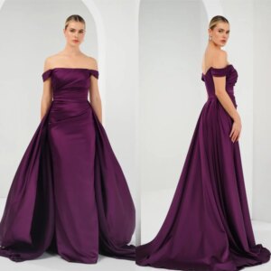 Customized  Temperament Purple Satin Evening Dress Formal Strapless Off the Shoulder Sleeveless Zipper Back Homecoming