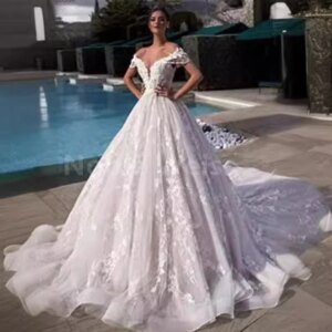 Luxurious Court Train Off The Shoulder Lace Bespoke Wedding Dress with Appliques customized