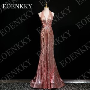 EOENKKY Elegant Sparkly Evening Dresses for Wedding Mermaid Sequin Beaded V Neck Prom Dress Halter Neck Customized فساتين سهرة