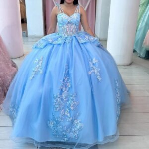 Customized blue Off Shoulder Quinceanera Dress crystal sequin applique Tull Lace flower Long tail vestidos de 15 Quinceanera