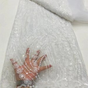 Luxurious Nigerian Handmade Sequins Lace Fabric 2024 High Quality Embroidery African French Lace Fabric For Wedding White 5Y