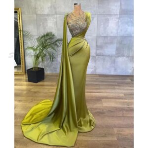 Arabic Lemon Green Satin Mermaid Evening Dresses 2025 Sheer Mesh Top Sequin Beads Ruched Formal Occasion Wear Sweep Train Robe