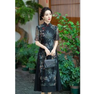 Modified Long Type Cheongsam Qi Pao Spring and Summer New Retro Ethnic Style Middle-Aged Elderly Dress