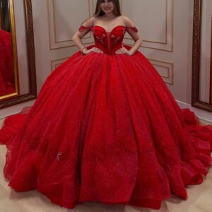 Red Shiny Quinceanera Dresses Ball Gown Off Shoulder Applique Lace Beading Tull Corset Sweet 16 Dress Vestidos 15 De Anos