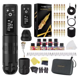 Ambition Soldier 2400mAh Professional Wireless Rotary Tattoo Pen Machine Complete Full Kit Set with Tattoo Cartridge Pigment Ink